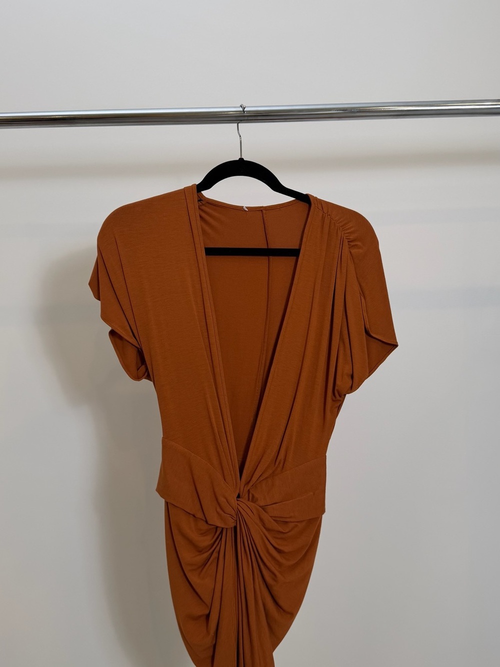 Rust Knit Twist-Front Midi Dress